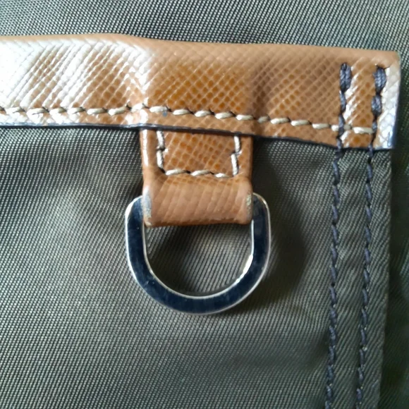 PRADA Vela Saffiano Leather Tessuto Tote Zip Green Enamel Triangle Logo Tan Bag